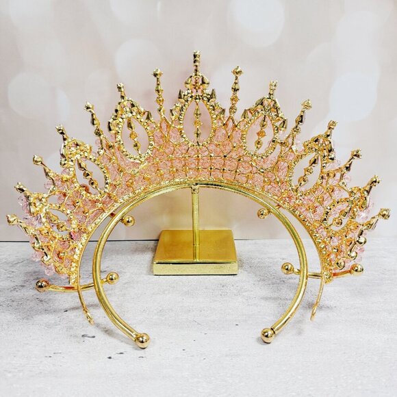 Gold Princess Crown, Prom headpiece, Bridal tiara, Pink Crystal wedding crown main image 4
